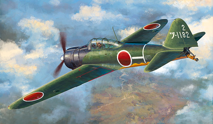 1boy a6m_zero aircraft airplane brown_headwear cable check_vehicle cloud from_side hat military_vehicle original propeller propeller_fighter realistic vehicle_focus vehicle_request wada_takayoshi