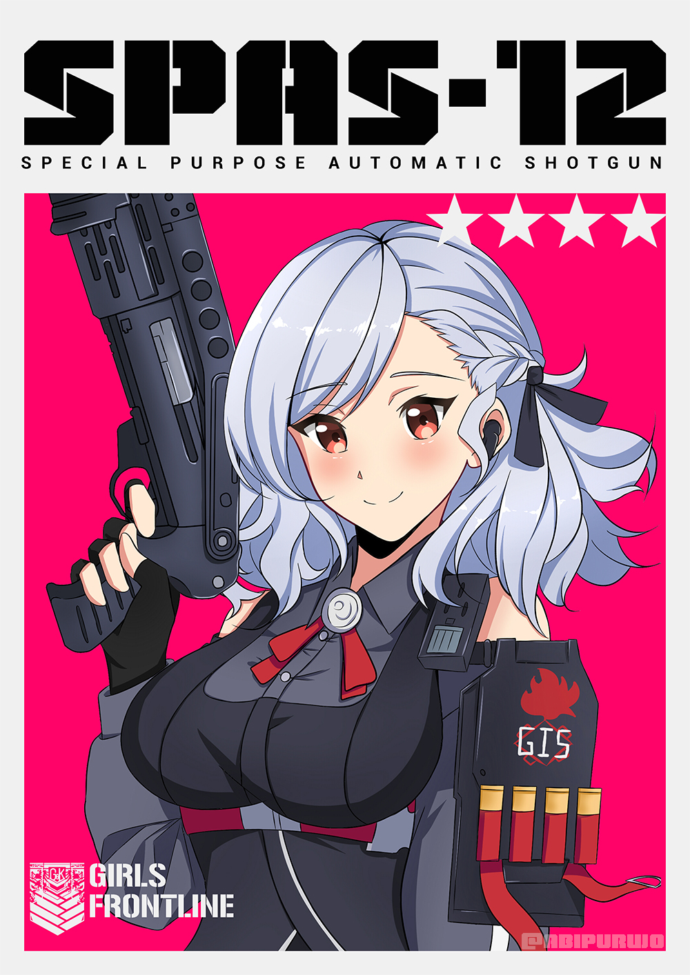 12-gauge 12-gauge_(2_3/4_inch_shell) 1girl ammunition artist_request ballistic_shield blush character_name copyright_name dual-mode_shotgun english_text eyes_visible_through_hair female_focus finger_on_trigger fingerless_gloves franchi girls&#039;_frontline gloves grey_hair gun highres pump-action_shotgun pump_action semi-automatic_shotgun shield shotgun shotgun_shell smile solo spas-12 spas-12_(girls&#039;_frontline) weapon