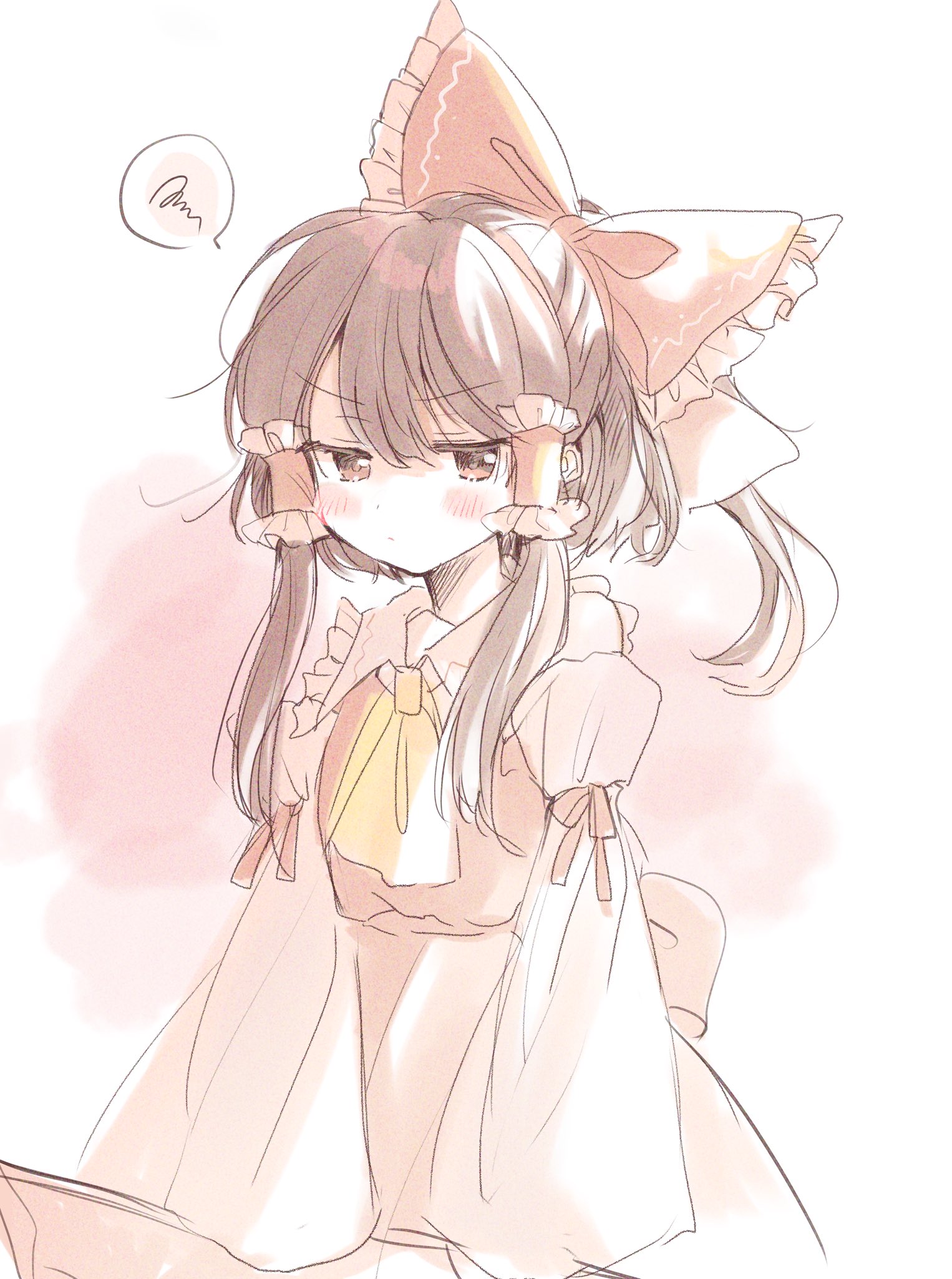 1girl ascot bare_shoulders blush bow brown_eyes brown_hair detached_sleeves grills hair_bow hair_tubes hakurei_reimu highres long_hair nontraditional_miko poprication short_hair solo standing touhou yellow_ascot