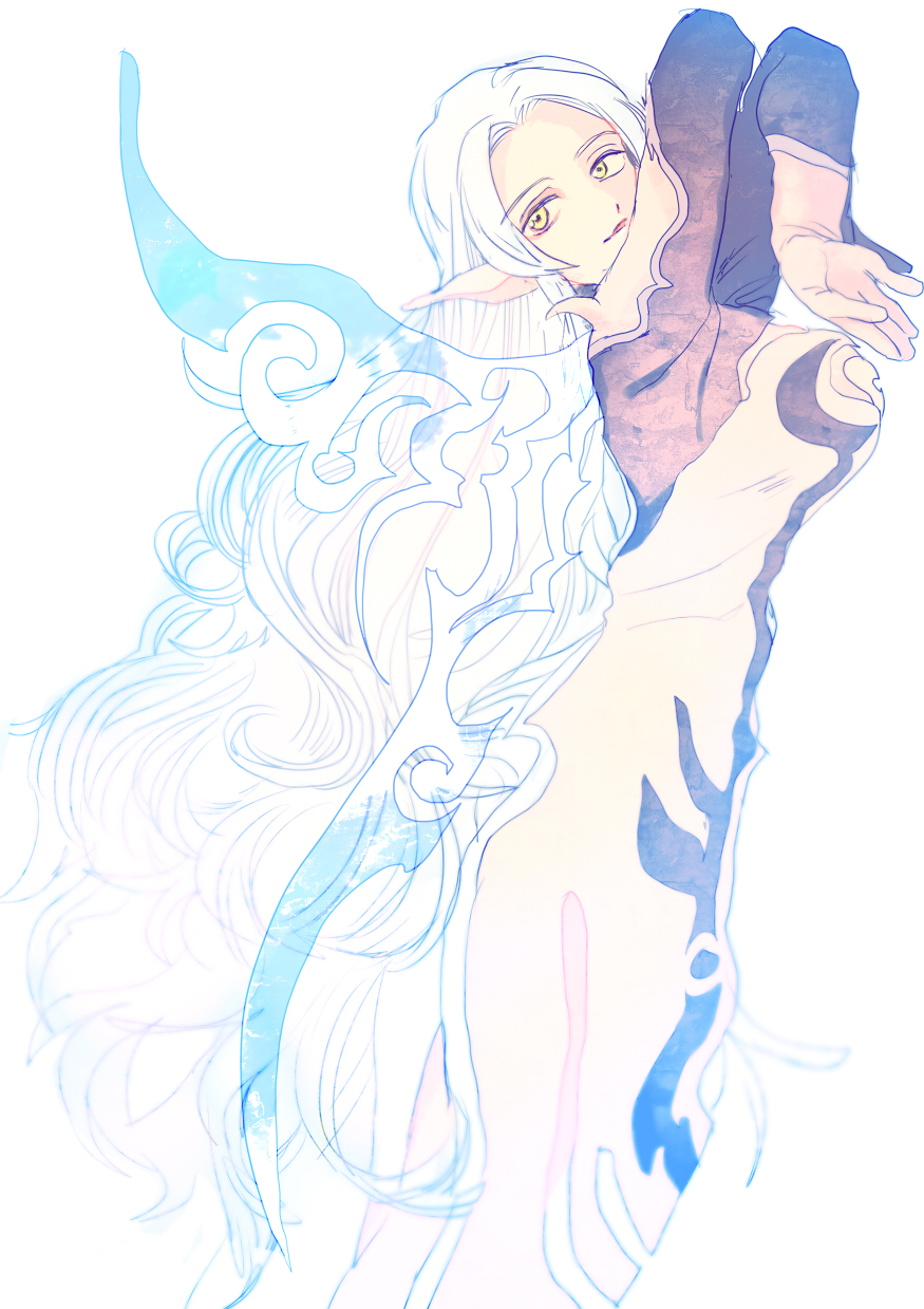 1girl breasts dress highres long_hair muzet_(tales) open_mouth pointy_ears tales_of_(series) tales_of_xillia very_long_hair white_hair wings yellow_eyes