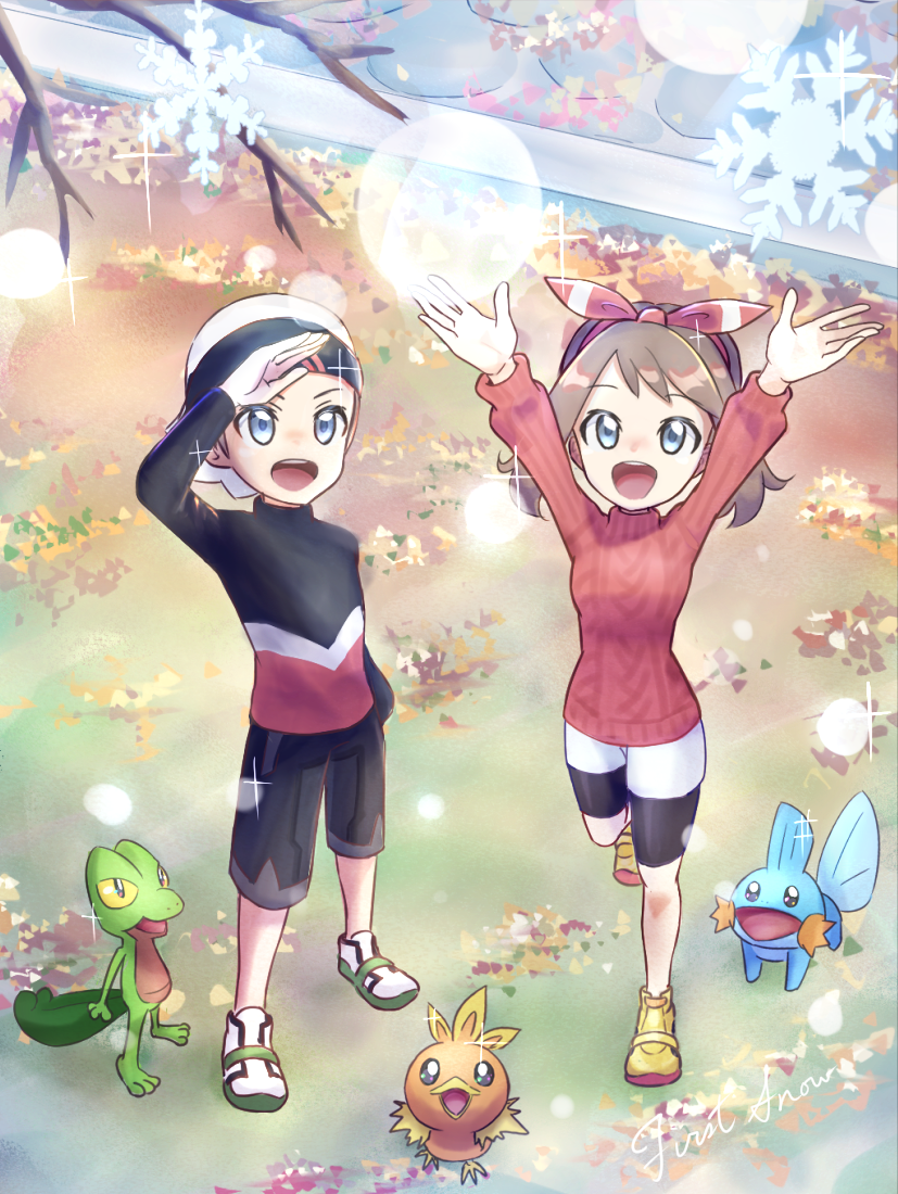 1boy 1girl :d alternate_costume arms_up black_shorts bow brendan_(pokemon) brown_hair creatures_(company) game_freak gen_3_pokemon grey_eyes hair_bow hat long_sleeves looking_at_viewer may_(pokemon) mudkip nintendo open_mouth pokemon pokemon_(creature) pokemon_oras red_bow red_sweater shiriusu short_hair shorts smile sweater torchic treecko turtleneck turtleneck_sweater white_hat