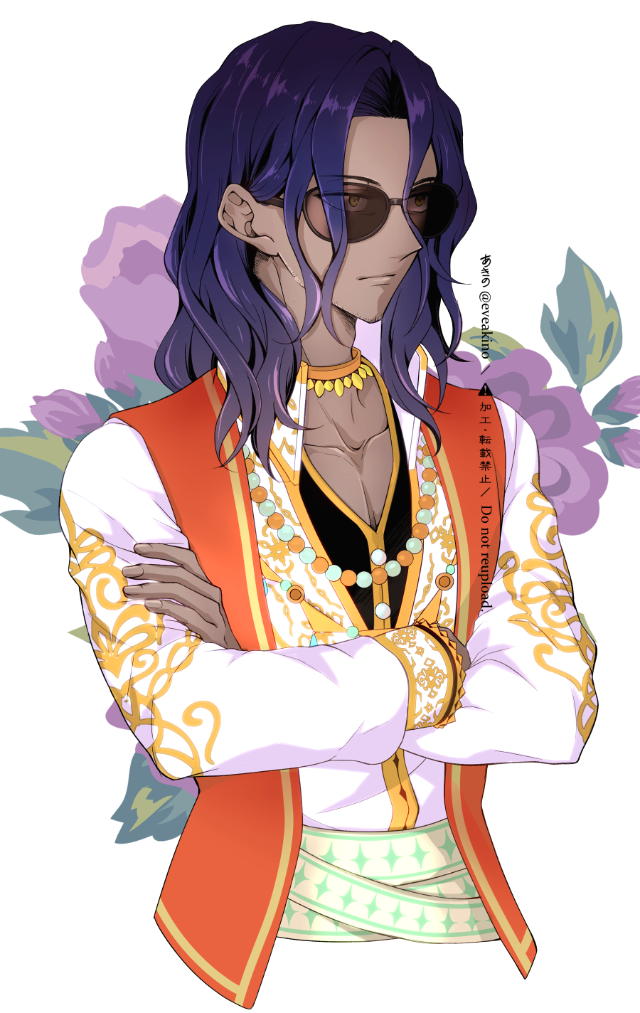 1boy akino_(eveplus) alternate_costume black_hair closed_mouth crossed_arms dark-skinned_male dark_skin fire_emblem fire_emblem_engage highres male_focus medium_hair nintendo pectoral_cleavage pectorals sunglasses upper_body zelkov_(fire_emblem)