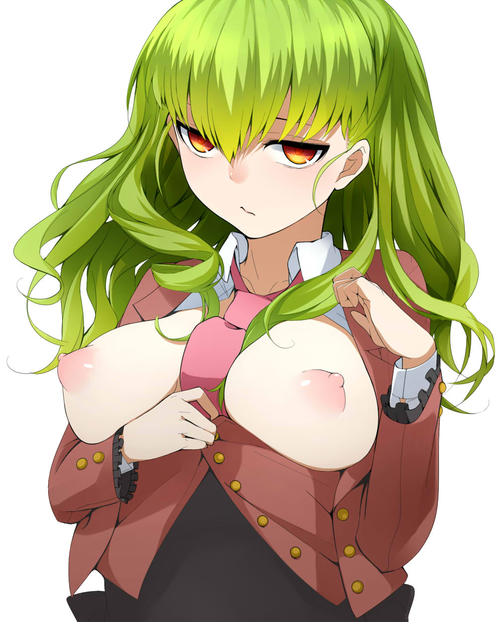 07th_expansion 1girl between_breasts breasts breasts_out female_focus green_hair highres large_breasts leviathan_(umineko) long_hair looking_at_viewer necktie necktie_between_breasts nemu_(nebusokugimi) nipples no_naku_koro_ni_(series) pink_necktie puffy_nipples red_eyes solo umineko_no_naku_koro_ni