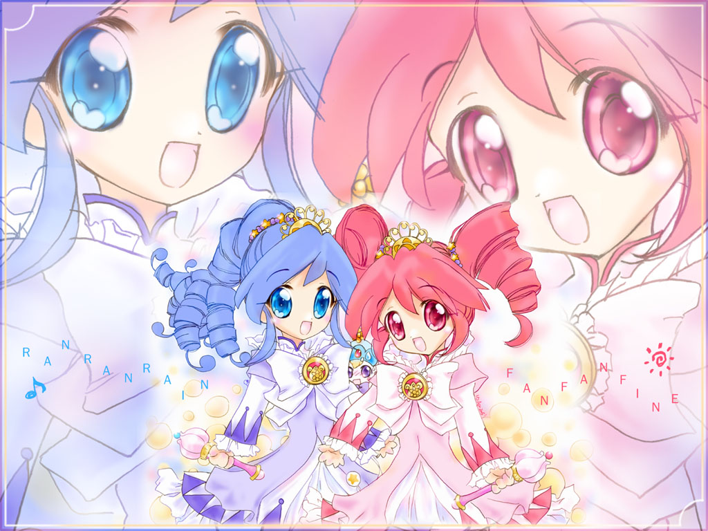 00s 2girls :d blue_eyes blue_hair border dress drill_hair eighth_note fine_(futagohime) fine_(prominence_dress_up)_(futagohime) fushigiboshi_no_futago_hime holding multiple_girls musical_note open_mouth prominencedressup red_eyes red_hair rein_(futagohime) rein_(prominence_dress_up)_(futagohime) smile twin_drills twintails
