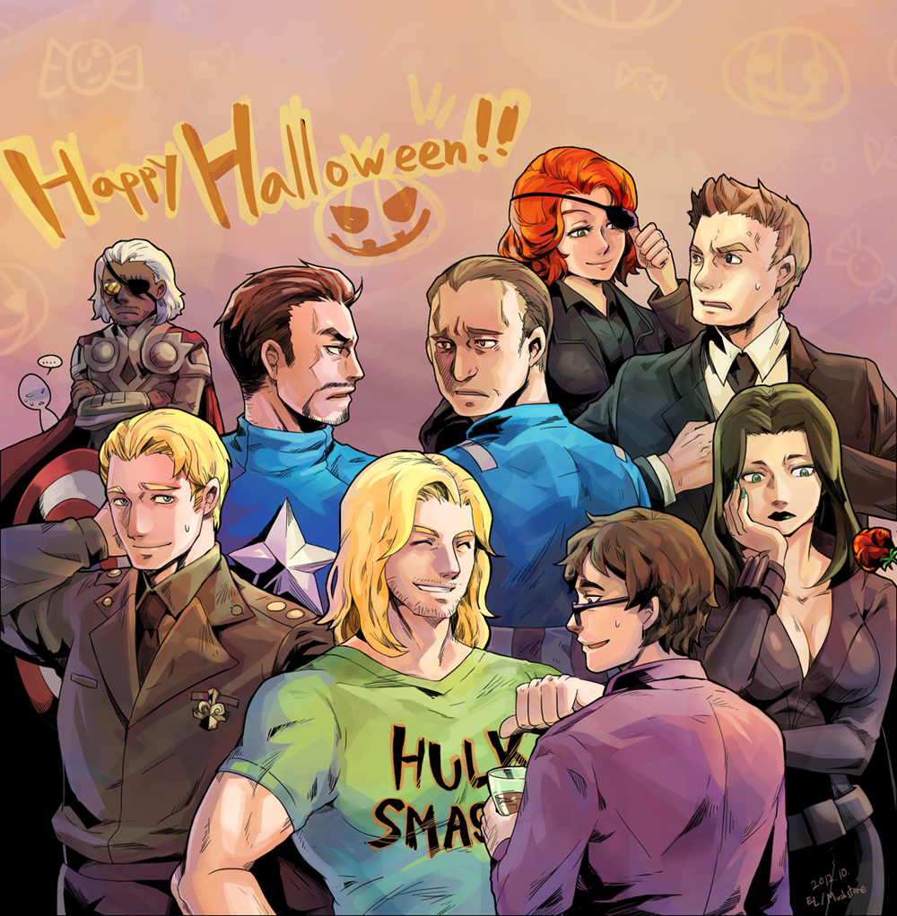 6+boys avengers_(series) black_hair black_widow black_widow_(cosplay) blonde_hair breasts bruce_banner captain_america captain_america_(cosplay) cleavage clint_barton cosplay costume_switch dark_skin green_nails halloween happy_halloween hulk_(cosplay) marvel marvel_cinematic_universe multiple_boys nail_polish natasha_romanoff nick_fury red_hair steve_rogers thor_(marvel) tony_stark white_hair