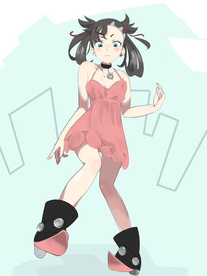 1girl aqua_eyes asymmetrical_hair bad_id bad_pixiv_id bare_shoulders black_boots black_choker black_hair blue_background blush boots breasts choker closed_mouth collarbone dress female_focus grey_hair hair_ribbon hand_up high_heels index_finger_raised looking_at_viewer marnie_(pokemon) nintendo pink_dress pokemon pokemon_swsh red_ribbon ribbon simple_background sleeveless sleeveless_dress small_breasts solo spaghetti_strap two_side_up v-shaped_eyebrows zaitsu