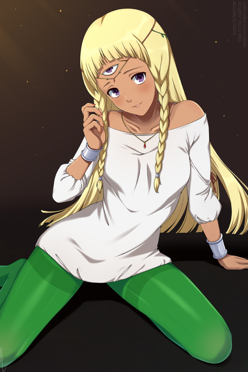 1girl blonde_hair blush braid dark-skinned_female dark_skin eupha_(metaphor:_refantazio) green_pantyhose highres lindaroze long_hair looking_at_viewer metaphor:_refantazio pantyhose purple_eyes simple_background smile solo thighband_pantyhose third_eye twin_braids very_long_hair