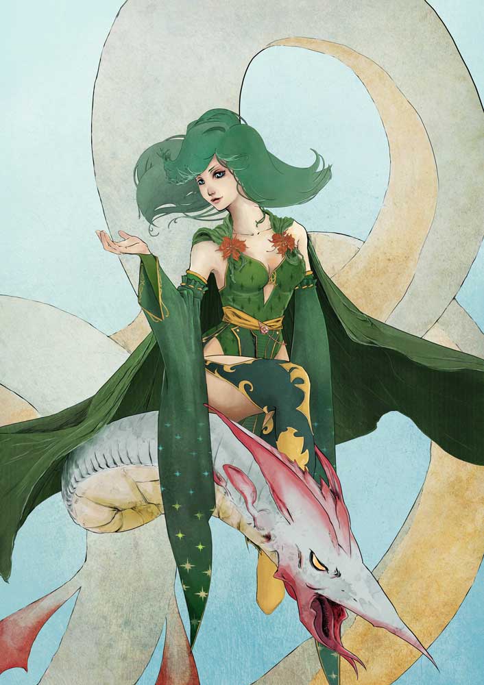 1girl black_lips blue_background blue_eyes blue_scales breasts brooch cape cleavage colored_skin detached_sleeves final_fantasy final_fantasy_iv flower flower_brooch forked_tongue furisode_sleeves green_cape green_hair green_leotard green_sleeves hand_up kathemo leotard leviathan_(final_fantasy) light_smile multicolored_lips multicolored_skin open_mouth plunging_neckline print_sleeves red_flower red_scales riding riding_animal rydia_(ff4) sash sea_serpent solid_eyes star_(symbol) star_print tongue wide_sleeves wyrm yellow_eyes yellow_sash