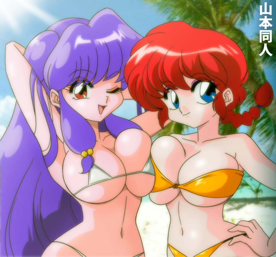 2girls bikini blue_eyes blue_sky braid braided_ponytail breast_press breasts brown_eyes double_bun hair_bun hand_in_own_hair long_hair looking_at_viewer multiple_girls navel one_eye_closed open_mouth palm_tree purple_hair ranma-chan ranma_1/2 red_hair shampoo_(ranma_1/2) sky smile squished_boobs swimsuit tree yamamoto_doujin