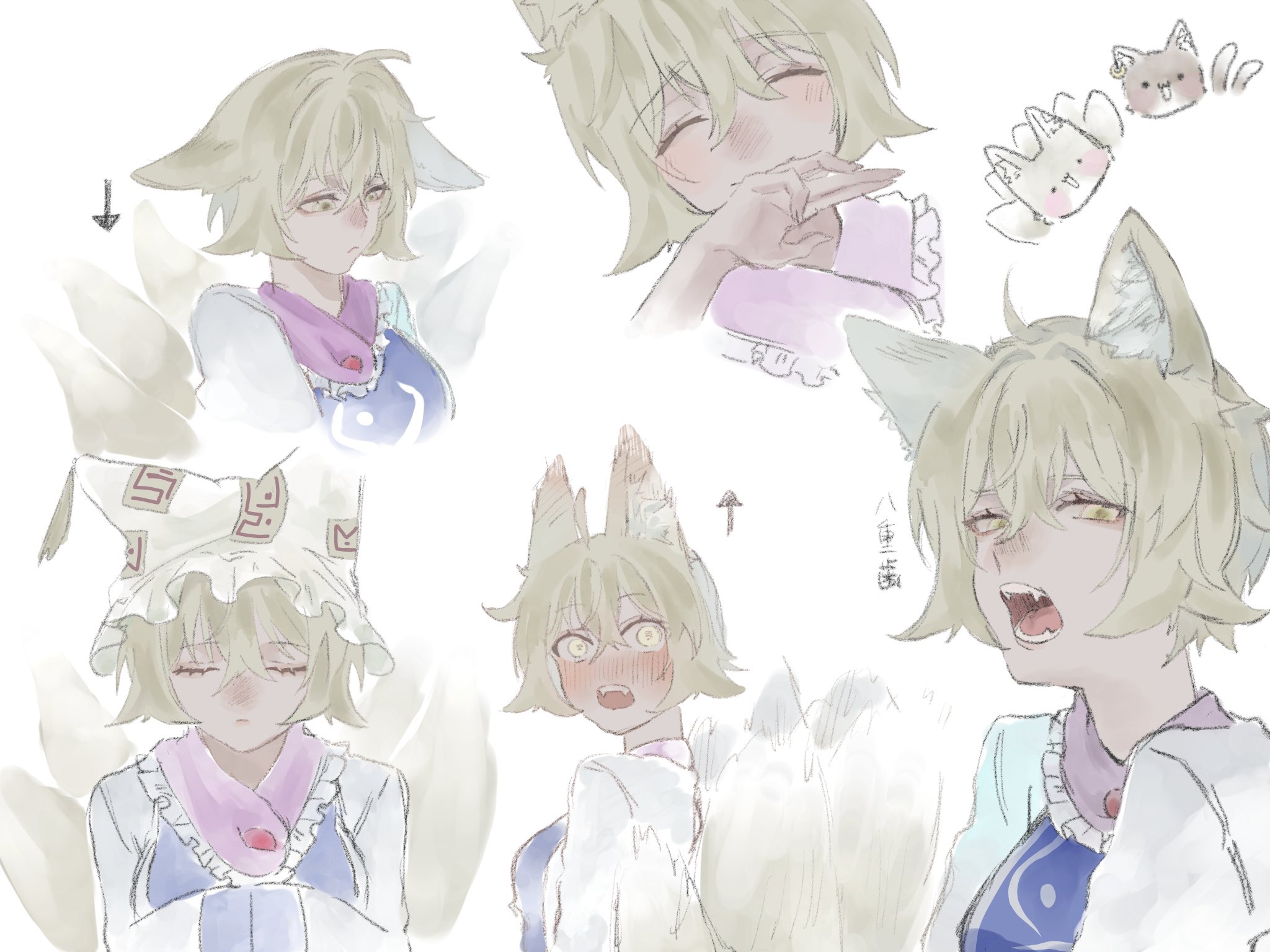 2girls animal_ears blonde_hair blush cat chen chen_(cat) fangs fox_ears fox_girl fox_tail hibikari1120 highres multiple_girls multiple_views simple_background tail touhou white_background yakumo_ran yellow_eyes
