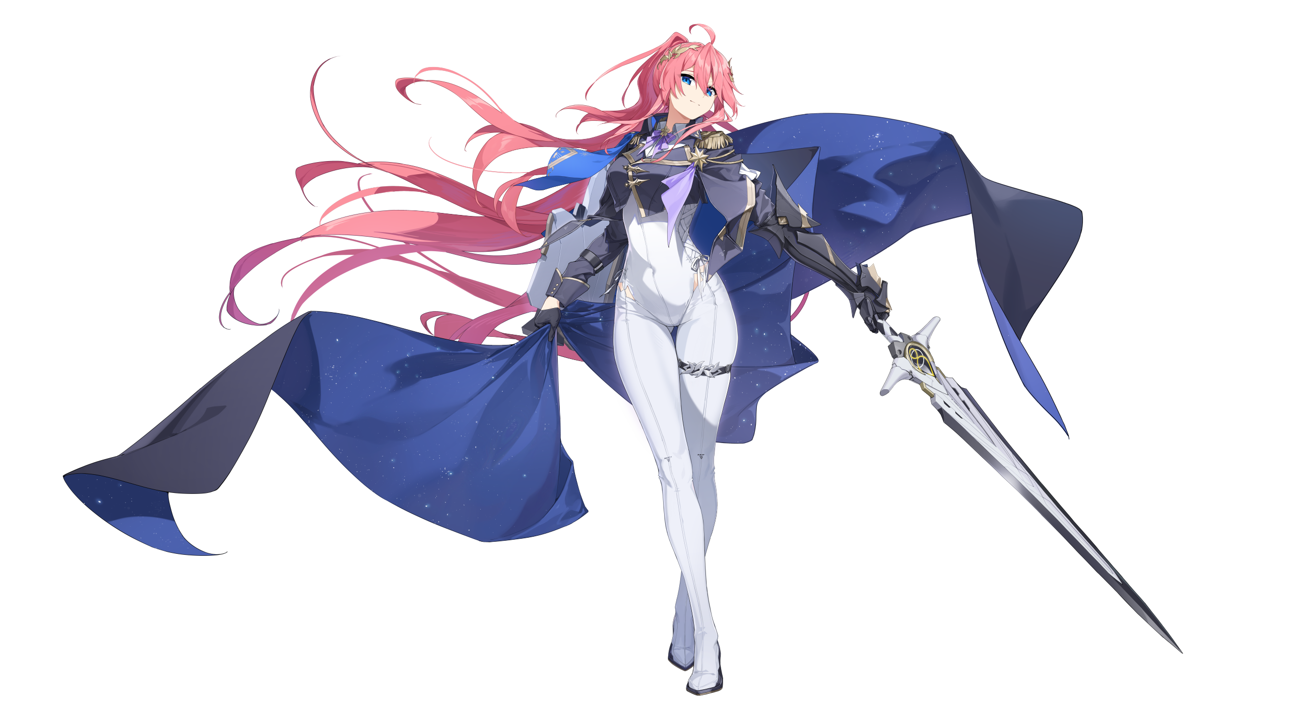 1girl ahoge aiguillette alpha_transparency argyle_cutout black_cape black_gloves blue_cape blue_eyes bodysuit bow cape cape_hold clothing_cutout commentary counter:side covered_navel cropped_jacket crossed_legs english_commentary epaulettes esterosa_de_chevalier floating_cape floating_hair full_body gauntlets gloves gluteal_fold gold_trim hair_ornament half_gloves head_tilt highres holding holding_sword holding_weapon light_smile long_hair looking_at_viewer official_alternate_hairstyle official_art pink_hair ponytail purple_bow single_gauntlet single_half_glove skindentation solo standing sword tachi-e thigh_strap two-sided_cape two-sided_fabric very_long_hair watson_cross weapon white_bodysuit