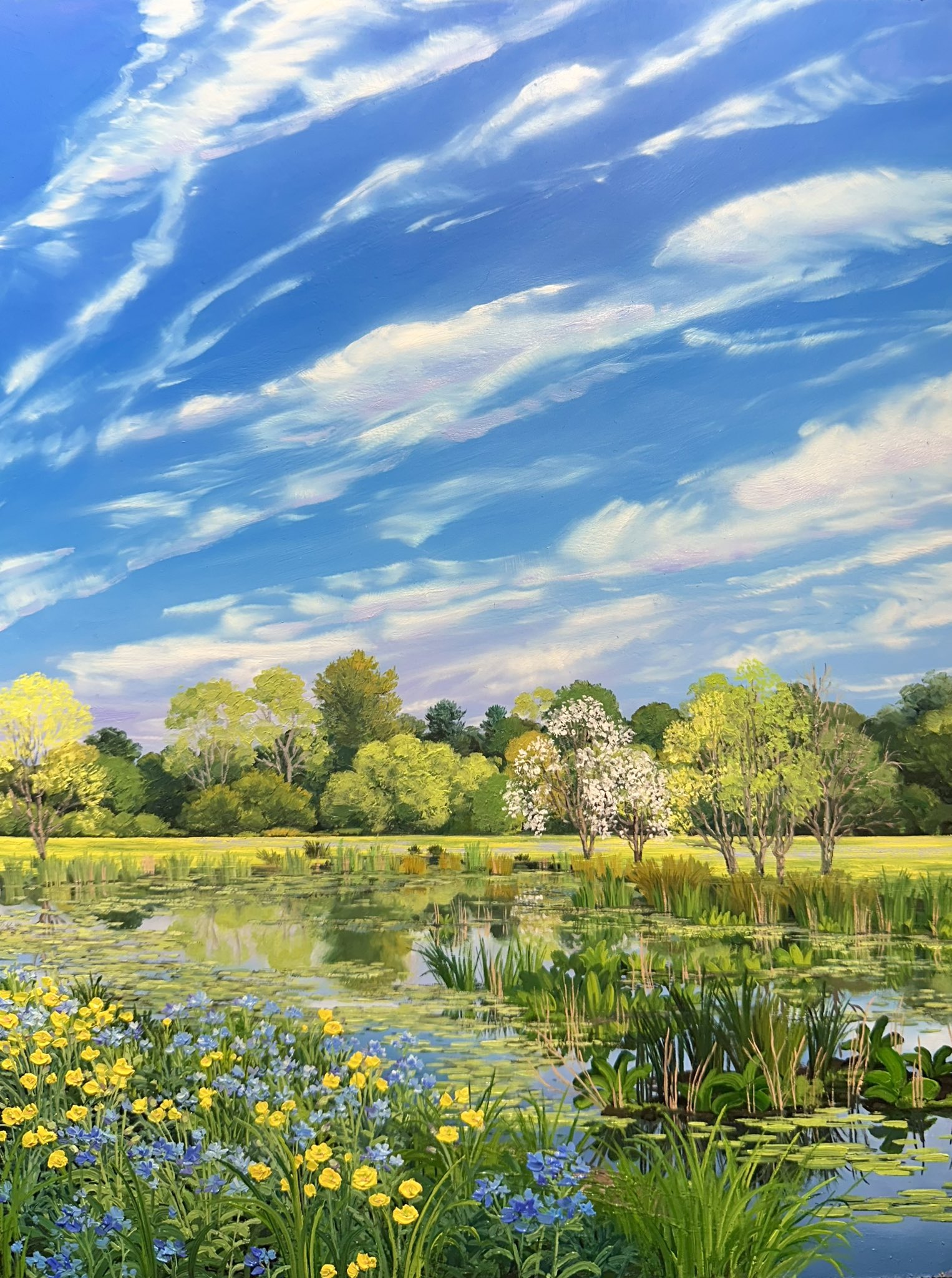 blue_flower blue_sky cloud commentary day england english_commentary flower forget-me-not_(flower) highres kate_avery lily_pad no_humans oil_painting_(medium) original outdoors painting_(medium) plant poppy_(flower) real_world_location reflection reflective_water scenery sky traditional_media tree water yellow_flower
