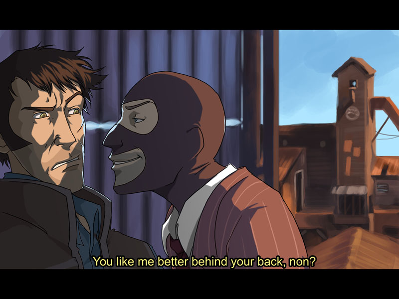 2boys animification blu_sniper_(tf2) fake_screenshot formal_clothes letterboxed male_focus mask minttu_hynninen multiple_boys necktie red_spy_(tf2) sexually_suggestive sniper_(tf2) spy_(tf2) subtitled suit team_fortress_2 yaoi yellow_eyes you_gonna_get_raped