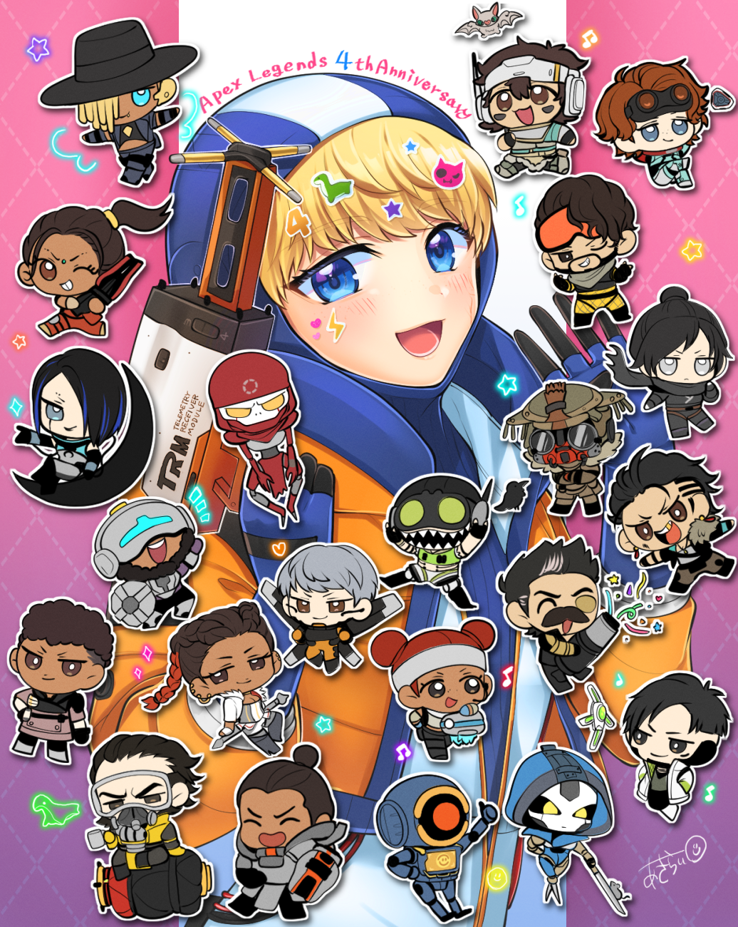 1other 6+boys 6+girls ^_^ akirai_(akry555) ambiguous_gender android animification anniversary apex_legends ash_(titanfall_2) bandana bangalore_(apex_legends) bird black_bodysuit black_eyes black_hair black_pants black_sclera blonde_hair bloodhound_(apex_legends) blue_bodysuit blue_eyes blue_gloves blue_jacket blue_leotard bodysuit braid bright_pupils brown_eyes catalyst_(apex_legends) caustic_(apex_legends) chibi classic_revenant closed_eyes colored_sclera confetti crow crypto_(apex_legends) double_bun dreadlocks energy_reader_(apex_legends) everyone eyepatch facial_hair facial_mark forehead_mark fuse_(apex_legends) gibraltar_(apex_legends) gloves goggles grey_headband hair_bun hair_ornament hair_slicked_back headband highres holding holding_cannon holding_sword holding_weapon hood hood_up hooded_leotard horizon_(apex_legends) humanoid_robot jacket leotard loba_(apex_legends) mad_maggie_(apex_legends) mirage_(apex_legends) mouse_(animal) multiple_boys multiple_girls musical_note mustache nessie_(respawn) newcastle_(apex_legends) non-humanoid_robot octane_(apex_legends) one-eyed orange_eyes pants pathfinder_(apex_legends) rampart_(apex_legends) red_bandana red_eyes red_hair revenant_(apex_legends) ribbed_bodysuit robot seer_(apex_legends) sheila_(minigun) short_hair simulacrum_(titanfall) smile solid_eyes star_(symbol) star_hair_ornament sword twin_braids v-shaped_eyebrows valkyrie_(apex_legends) vantage_(apex_legends) wattson_(apex_legends) waving weapon white_bodysuit white_pupils wraith_(apex_legends) yellow_bodysuit yellow_eyes