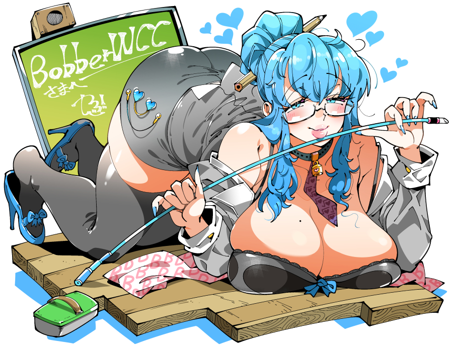 1girl ass black_bra blue_eyes blue_footwear blue_hair blue_nails blush bra breast_press breasts chalkboard cleavage collar glasses grey_thighhighs hair_ornament half-closed_eyes heart high_heels holding huge_breasts kafun large_breasts long_hair looking_at_viewer mole mole_on_breast nail_polish original pencil_in_hair pink_lips skindentation solo thighhighs underwear