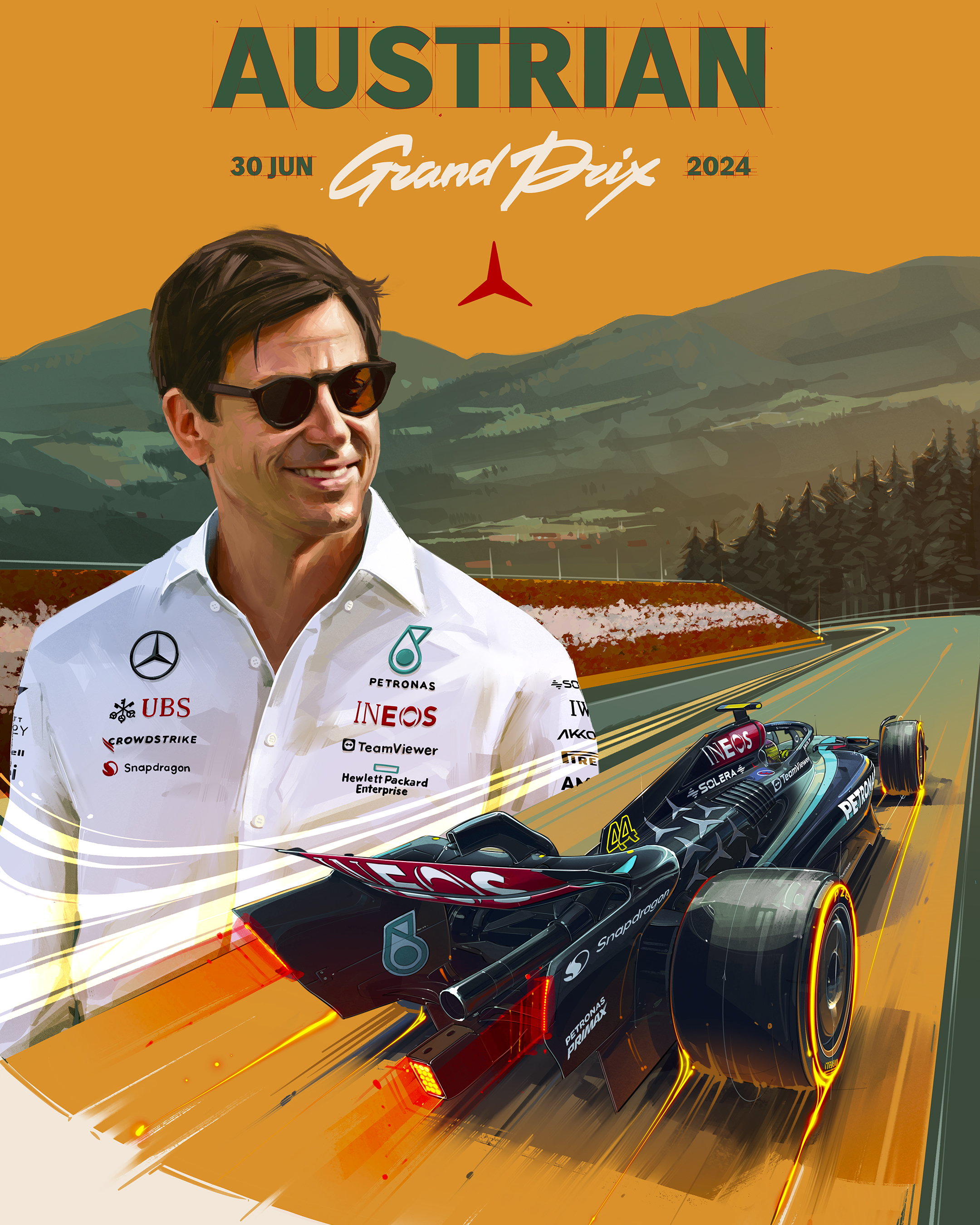 2boys absurdres andrew_mytro austrian_flag black_car car collared_shirt commentary english_commentary forest formula_one formula_racer hair_behind_ear helmet highres lewis_hamilton long_tail looking_to_the_side male_focus mercedes-amg_f1_w14 mercedes-benz motor_vehicle mountain multiple_boys nature official_art parted_lips petronas promotional_art race_vehicle racecar racetrack real_life realistic red_bull_ring shirt sunglasses tail toto_wolff vehicle_focus white_shirt