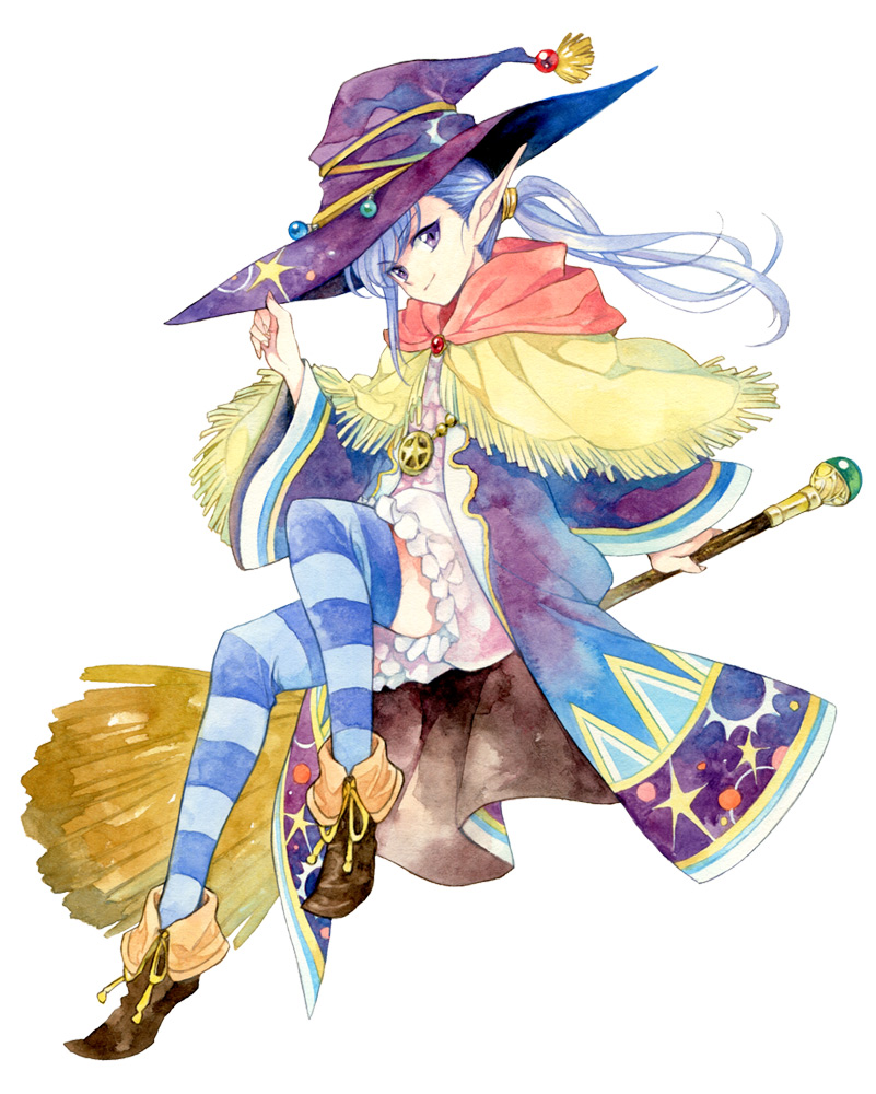 1girl agahari bad_id bad_pixiv_id blue_hair boots elf female_focus hat hat_tip long_hair lost_technology pointy_ears ponytail purple_eyes smile solo thighhighs traditional_media want witch_hat