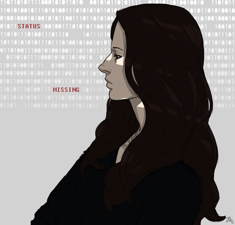 1girl black_shirt brown_hair closed_mouth commentary english_commentary long_hair looking_ahead person_of_interest profile root_(person_of_interest) shirt signature solo upper_body zhe-end