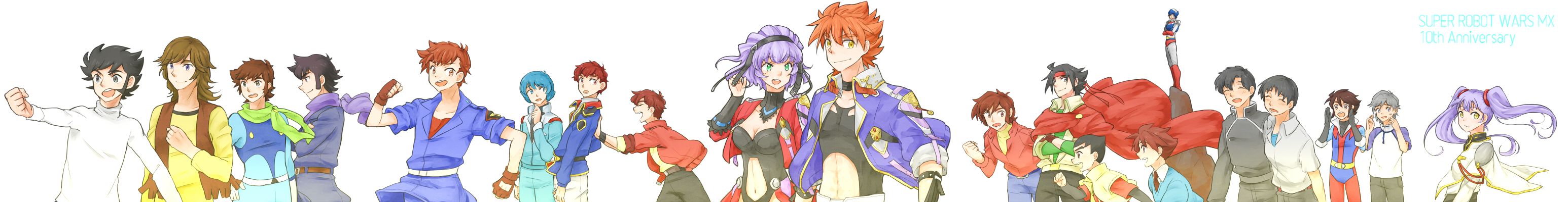 00s 2girls 6+boys :d akimoto_(akimomomoto) akitsu_masato amuro_ray anniversary aqua_centolm bad_id bad_pixiv_id black_eyes black_hair blue_eyes blue_hair breasts brown_eyes brown_hair cape char's_counterattack character_request cleavage closed_eyes clothing_cutout commentary_request copyright_name domon_kasshu duke_fleed the_end_of_evangelion fingerless_gloves g_gundam gear_senshi_dendou getter_robo getter_robo_g gloves great_mazinger green_eyes grey_hair gundam gundam_zz hades_project_zeorymer headband hibiki_akira highres hoshino_ruri hugo_medio ikari_shinji izumo_ginga jacket judau_ashta kabuto_kouji kamille_bidan kamina_ayato kidou_senkan_nadesico kikou_senki_dragonar kusanagi_hokuto large_breasts long_image machine_robo machine_robo_chronos_no_dai_gyakushuu mazinger_(series) mazinger_z medium_breasts multiple_boys multiple_girls nagare_ryoma navel navel_cutout neon_genesis_evangelion open_mouth orange_hair purple_hair pushing rahxephon raideen_(series) rom_stol ryuuzaki_kazuya scarf smile super_robot_wars super_robot_wars_mx toushou_daimos tsurugi_tetsuya twintails ufo_robo_grendizer vest wide_image yellow_eyes yuusha_raideen zeta_gundam