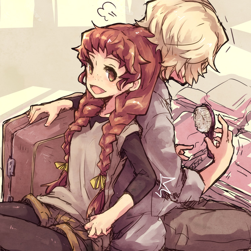 1boy 1girl :d back-to-back black_pantyhose black_shirt blonde_hair braid brown_eyes brown_hair brown_pants brown_shorts freckles grey_shirt hair_over_shoulder hair_ribbon holding holding_brush isuzu_(log_horizon) log_horizon long_hair long_sleeves lunderhaus_cord mo_(deciliter) open_mouth pants pantyhose ribbon shirt short_shorts shorts sketch sleeveless sleeveless_shirt smile twin_braids twintails very_long_hair yellow_ribbon