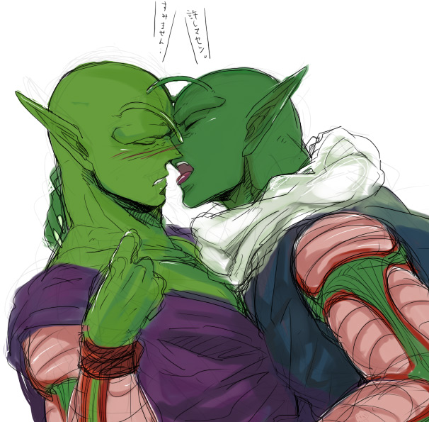 2boys alien antennae bald blush colored_skin dragon_ball green_skin imminent_kiss male_focus monster_boy multiple_boys nail_(dragon_ball) piccolo pointy_ears yaoi