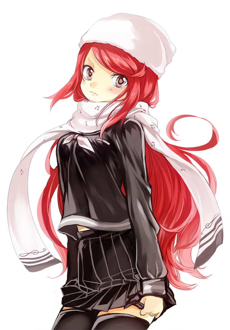 10s 1girl ban_airi beamed_quavers beanie black_thighhighs blush breasts cowboy_shot devil_survivor_(series) devil_survivor_2 enpera female_focus frown grey_eyes hat long_hair looking_at_viewer medium_breasts musical_note musical_note_print nanamura panties panty_pull quaver red_eyes red_hair scarf school_uniform serafuku simple_background skirt solo thighhighs treble_clef underwear very_long_hair white_background white_scarf