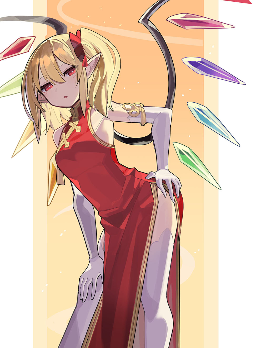 1girl :o alternate_costume china_dress chinese_clothes crystal dress elbow_gloves falken_(yutozin) flandre_scarlet gloves gradient_background hand_on_own_hip hand_on_own_thigh highres looking_at_viewer orange_background pointy_ears red_dress red_eyes revision side_ponytail solo standing thighhighs thighs touhou two-tone_background white_background white_gloves white_thighhighs wings