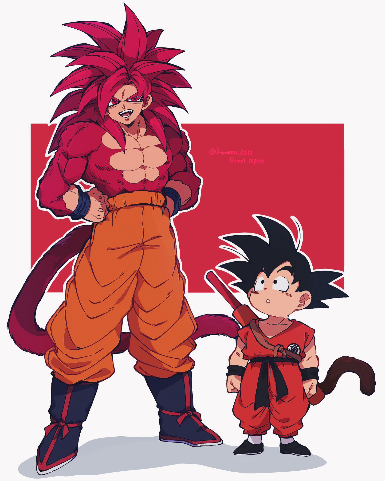 2boys black_boots black_hair body_fur boots brown_tail dragon_ball dragon_ball_(classic) dragon_ball_daima full_body hands_on_own_hips highres in-franchise_crossover komesan_0212 long_hair male_focus medium_hair monkey_tail multiple_boys muscular muscular_male orange_pants orange_shirt pants red_background red_eyes red_fur red_hair red_tail ruyi_jingu_bang shirt simple_background son_goku spiked_hair tail time_paradox topless_male white_background