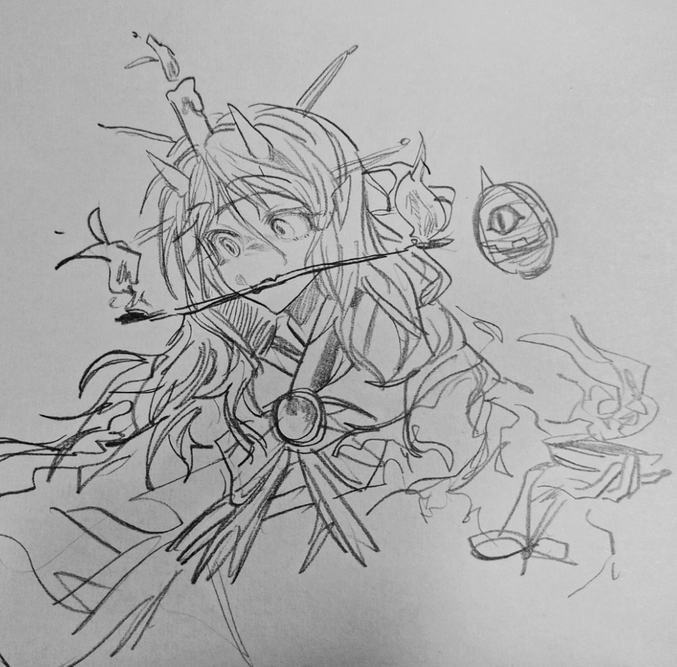 1other androgynous bingkuaihei burabura candle candle_on_head chinese_commentary commentary_request fang fire graphite_(medium) headband horns japanese_clothes kimono len&#039;en long_hair long_sleeves other_focus simple_background sketch skin_fang taira_no_chouki traditional_media white_background