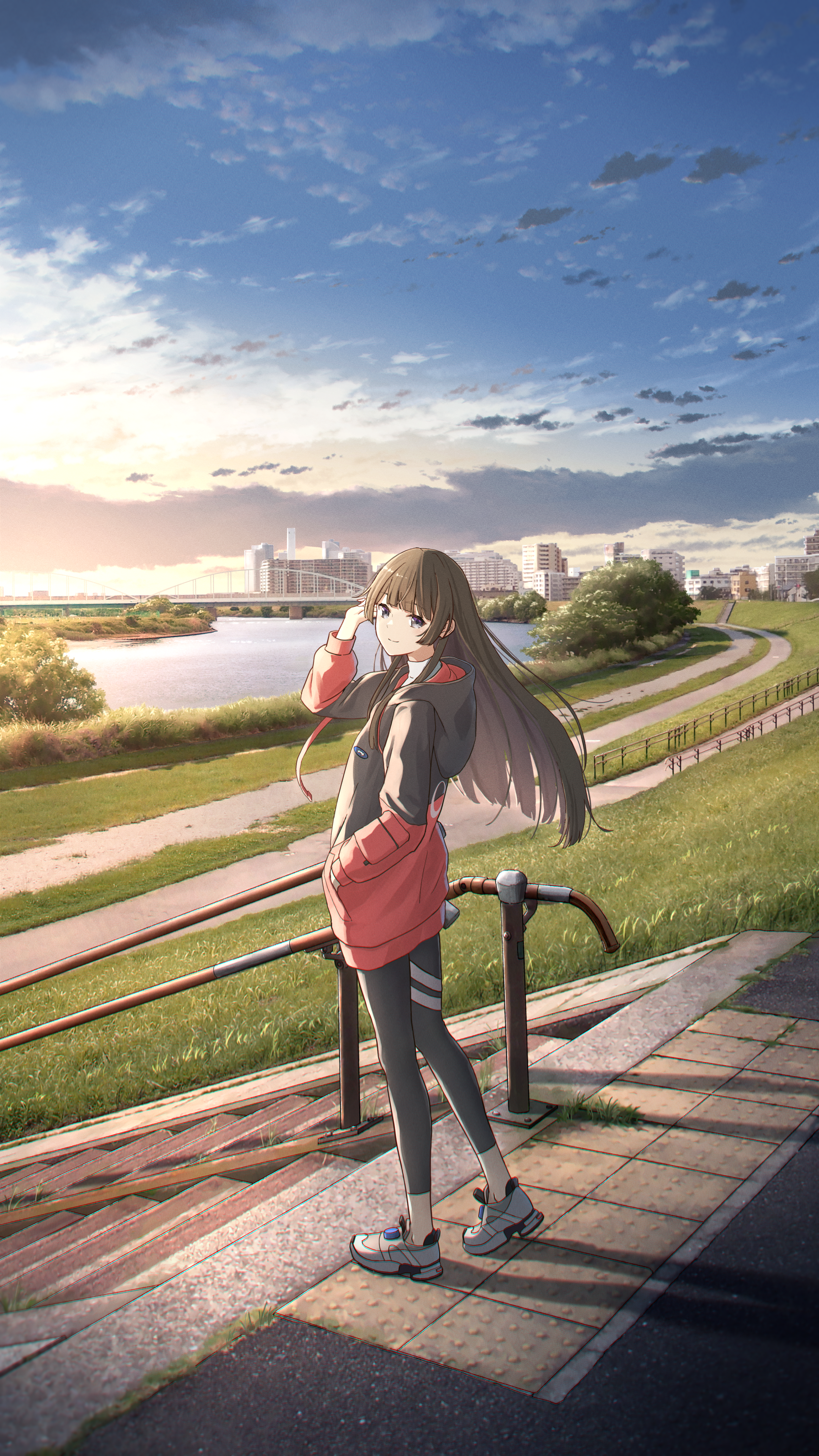 1girl absurdres anyotete black_hair black_hoodie black_leggings blunt_bangs bridge building city closed_mouth cloud grass grey_eyes highres hood hoodie leggings long_hair long_sleeves looking_at_viewer morning nijisanji outdoors path railing red_hoodie river road shoes sky smile sneakers solo stairs standing tsukino_mito two-tone_hoodie virtual_youtuber white_shoes white_sneakers