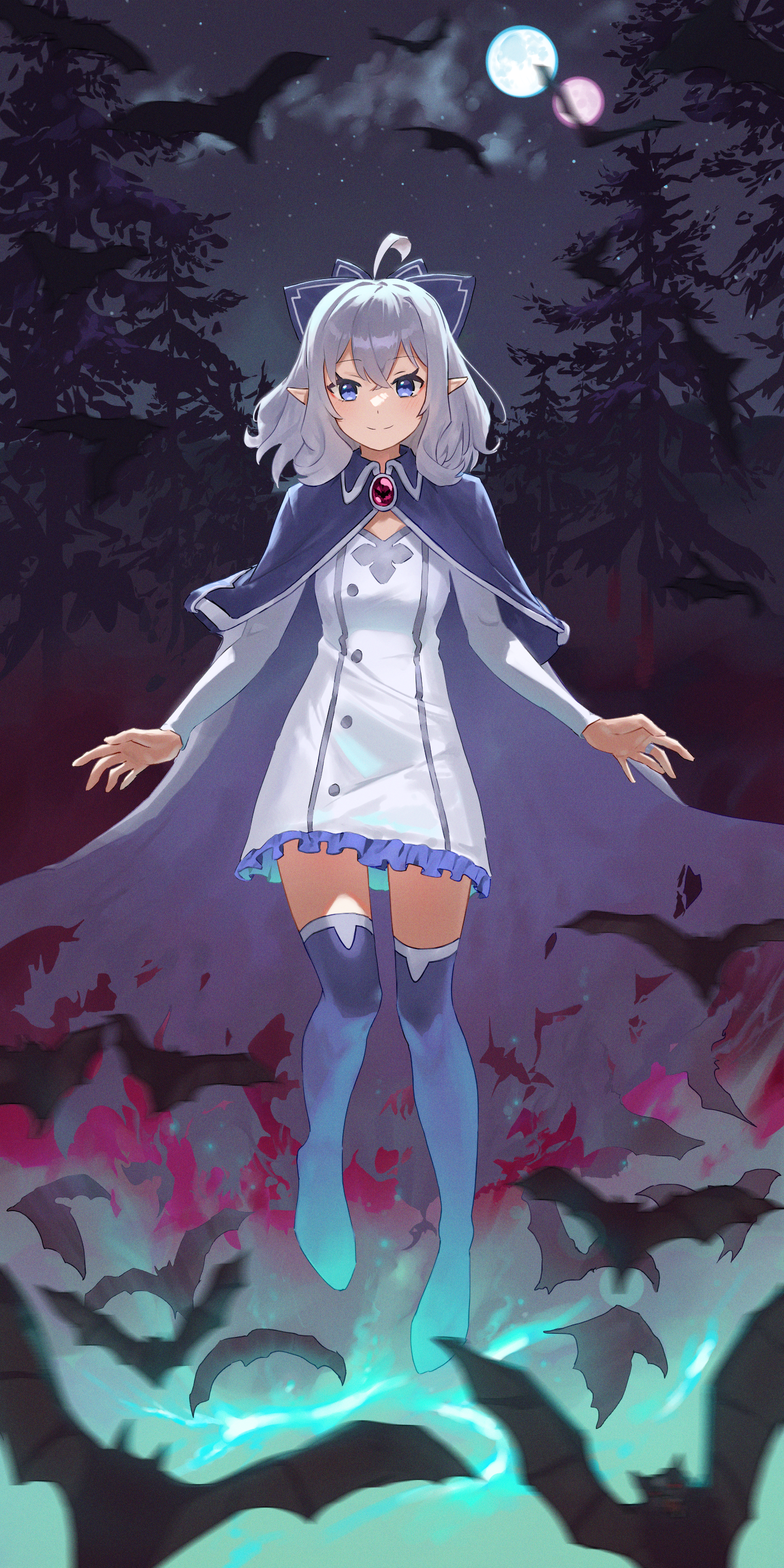 1girl absurdres ahoge bat_(animal) blue_boots blue_capelet blue_eyes blue_ribbon boots capelet closed_mouth dress e_ga_ku flora_(isekai_nonbiri_nouka) forest frilled_dress frills full_body gem glowing grey_hair hair_between_eyes hair_ribbon highres isekai_nonbiri_nouka jewelry light_blush looking_at_viewer multiple_moons nature night night_sky pointy_ears ribbon ring short_hair sky smile solo star_(sky) starry_sky thigh_boots vampire white_dress