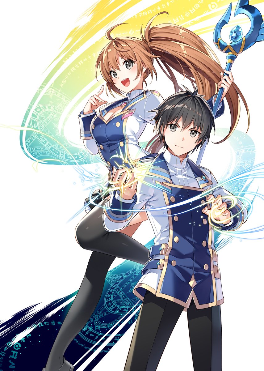1boy 1girl antenna_hair azuma_rin_(isekai_cheat_magician) black_eyes black_hair black_pants black_thighhighs breasts brown_hair cleavage cupping_hand highres holding holding_staff isekai_cheat_magician jacket lapels long_hair magic_circle nardack nishimura_taichi official_art pants ponytail short_hair simple_background smile staff thighhighs white_background white_jacket