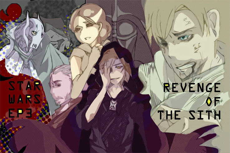 1girl aluminum275 anakin_skywalker animification beard blue_eyes cape count_dooku cyborg darth_vader dual_persona facial_hair general_grievous helmet multiple_boys obi-wan_kenobi padme_amidala palpatine star_wars star_wars:_revenge_of_the_sith