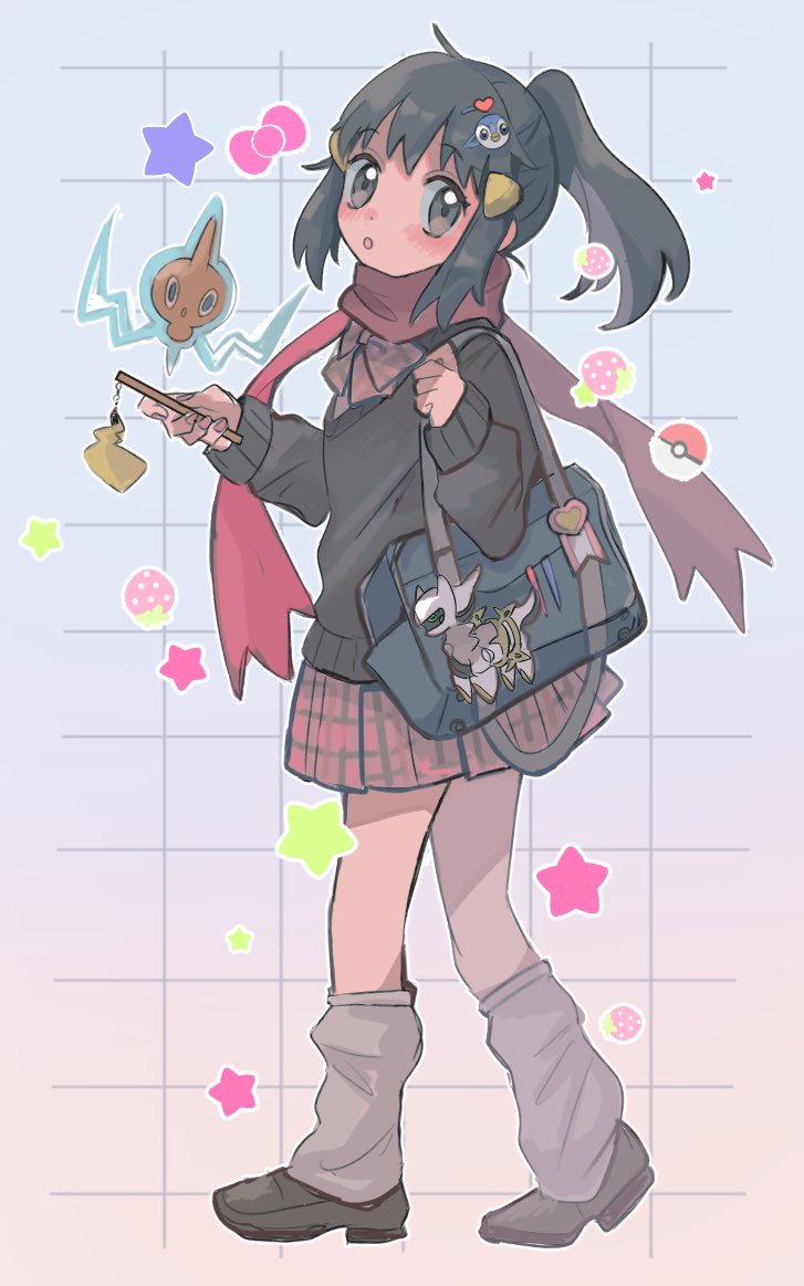 1girl :o alternate_costume anzu_(01010611) arceus bag blush brown_footwear commentary creatures_(company) dawn_(pokemon) from_side full_body game_freak gen_4_pokemon grey_background grey_eyes hair_ornament hairclip holding holding_phone leg_warmers legendary_pokemon long_sleeves looking_at_viewer mythical_pokemon nintendo phone piplup pokemon pokemon_(creature) pokemon_dppt ponytail rotom rotom_(normal) scarf shoes sidelocks skirt sweater symbol-only_commentary