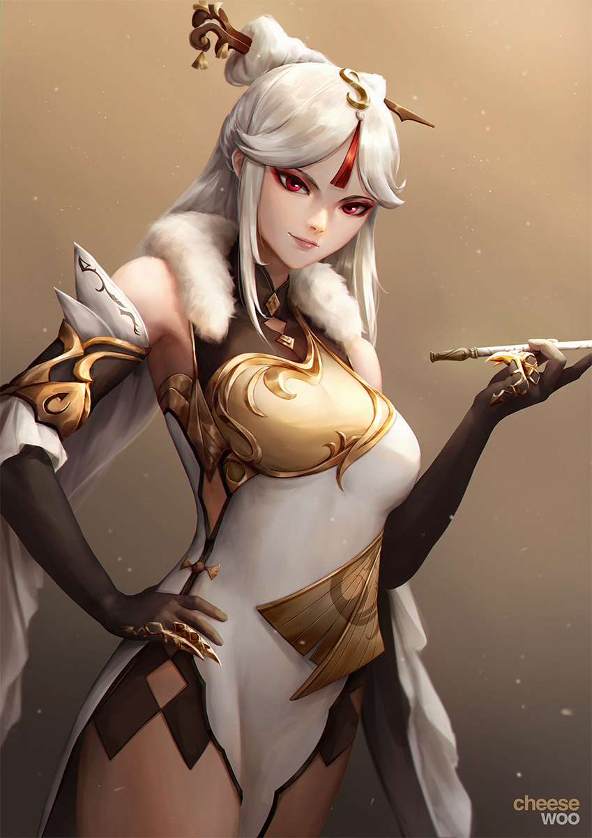 1girl artist_name breasts bridal_gauntlets cheesewoo chinese_clothes closed_mouth cowboy_shot fur_trim genshin_impact gradient_background hair_ornament hand_on_own_hip highres holding holding_smoking_pipe lips long_hair looking_at_viewer ningguang_(genshin_impact) pelvic_curtain red_eyes side_slit smoking_pipe solo tassel white_hair yellow_background