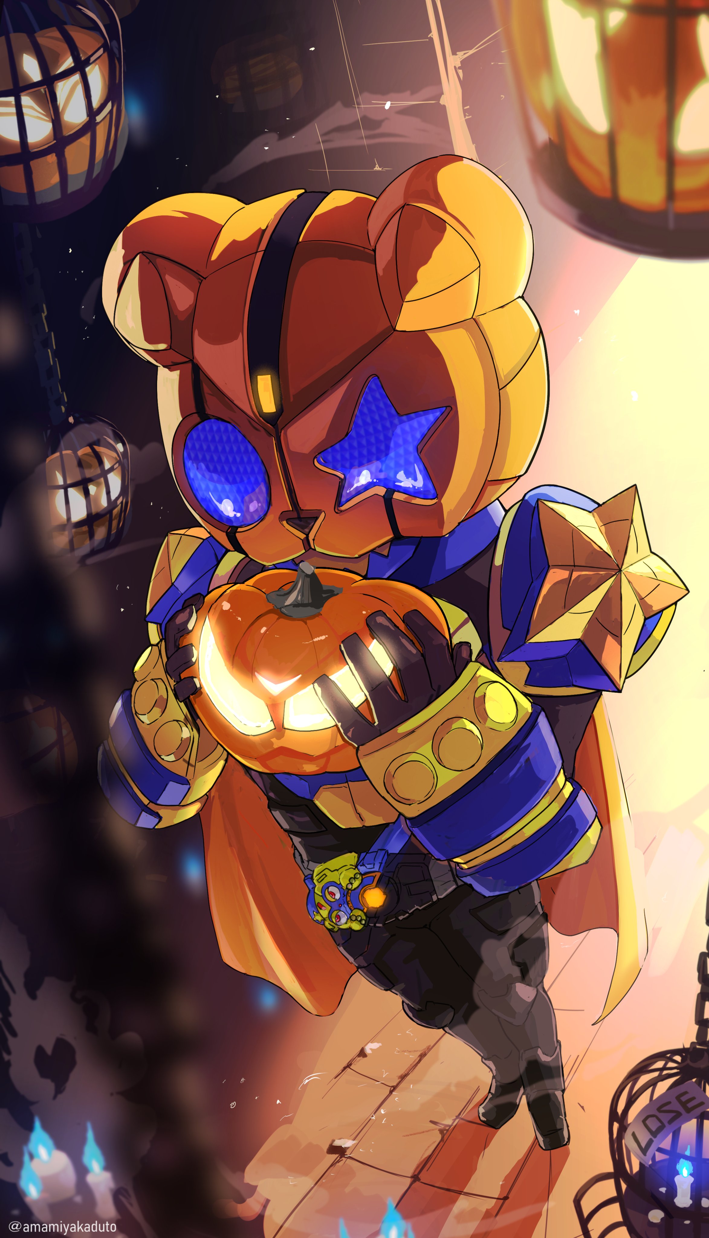 1boy absurdres amamiyakaduto armor bear blue_armor blue_eyes blue_fire brass_knuckles cage candle cape desire_driver dungeon fire foreshortening glowing glowing_eyes highres jack-o'-lantern kamen_rider kamen_rider_buffa kamen_rider_geats_(series) kamen_rider_na-go kamen_rider_punkjack kamen_rider_tycoon male_focus monster monster_buckle orange_cape pumpkin raise_buckle shadow twitter_username villain_pose weapon