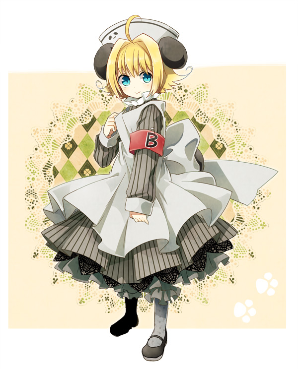 1girl ahoge animal_ears apron armband back_bow black_shoes blonde_hair bloomers blue_eyes bow closed_mouth commentary_request di_gi_charat dress flipped_hair full_body grey_apron grey_bloomers grey_bow grey_dress grey_hat grey_pantyhose hair_intakes hat long_sleeves looking_at_viewer mary_janes medium_hair nurse_cap panda_ears panda_girl panda_tail pantyhose piyoko red_armband shoes smile solo standing striped_clothes striped_dress toro_(shiro) underwear