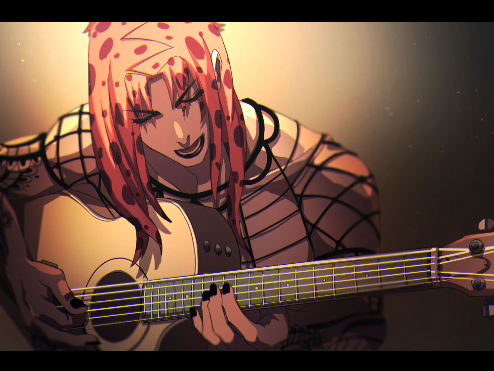 1boy bad_id bad_pixiv_id black_lips black_nails diavolo eyebrows eyes_visible_through_hair fishnets guitar instrument jojo_no_kimyou_na_bouken letterboxed light lipstick long_hair makeup male_focus music nail_polish open_mouth pink_hair playing_instrument polka_dot polka_dot_hair solo upper_body yanoooh