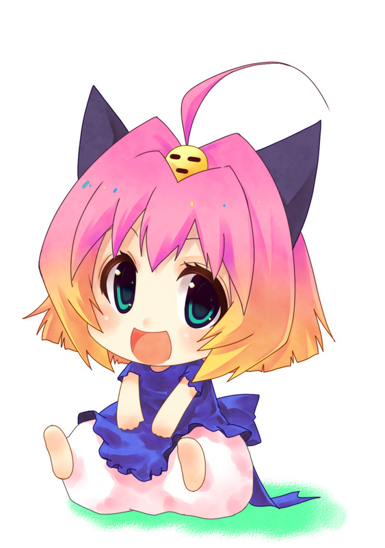 00s ahoge animal_ears baby_animal bird blush chibi chick gradient_hair green_eyes kouji_(campus_life) multicolored_hair pink_hair potemayo potemayo_(character) smile solo
