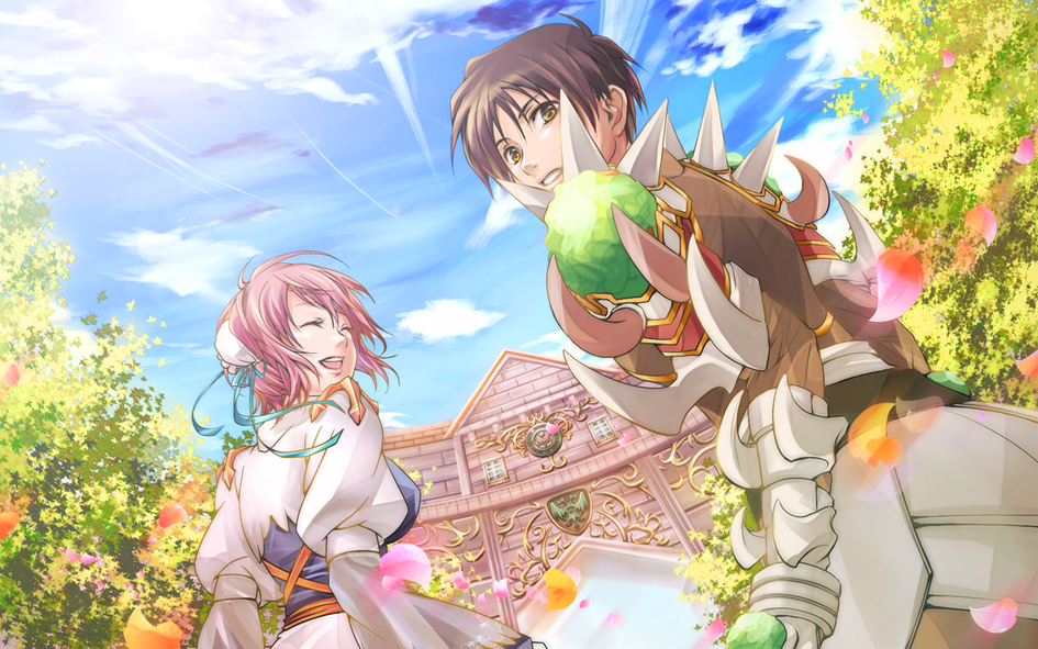 1boy 1girl arch_bishop_(ragnarok_online) blue_dress blue_sky brown_hair brown_shirt bun_cover closed_eyes cloud commentary_request day double_bun dress emblem from_behind gate gauntlets gem green_gemstone hair_bun looking_at_viewer open_mouth outdoors petals pink_hair prototype_design ragnarok_online rune_knight_(ragnarok_online) sahar shirt short_hair sky smile spiked_pauldrons tree two-tone_dress upper_body white_dress yellow_eyes