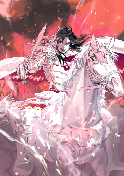 1boy animal armor army black_hair boots breastplate bridle cape constantine_xi_(fate) dynamic_pose earrings embers fate/grand_order fate_(series) faulds floating_cape floating_hair full_body game_cg gloves grey_eyes holding holding_sword holding_weapon horse horseback_riding jewelry kurahana_chinatsu long_hair looking_at_viewer official_art on_animal open_mouth pants people red_background red_cape riding solo_focus stirrups_(riding) sword teeth third-party_source two-sided_cape two-sided_fabric weapon white_armor white_boots white_cape white_gloves white_horse white_pants