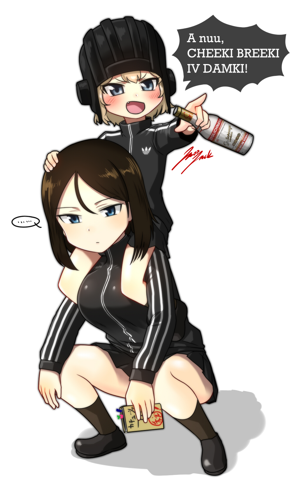 ... 2girls adidas alcohol alternate_costume black_track_suit blonde_hair blue_eyes blush bottle breasts brown_hair carrying english_text flat_chest girls_und_panzer gopnik hair_between_eyes hand_on_another&#039;s_head helmet highres holding holding_bottle jazz_jack katyusha_(girls_und_panzer) medium_breasts meme multiple_girls nonna_(girls_und_panzer) notebook pointing pointing_forward shoulder_carry signature skirt slav_squatting squatting stolichnaya_(vodka) striped track_suit vodka