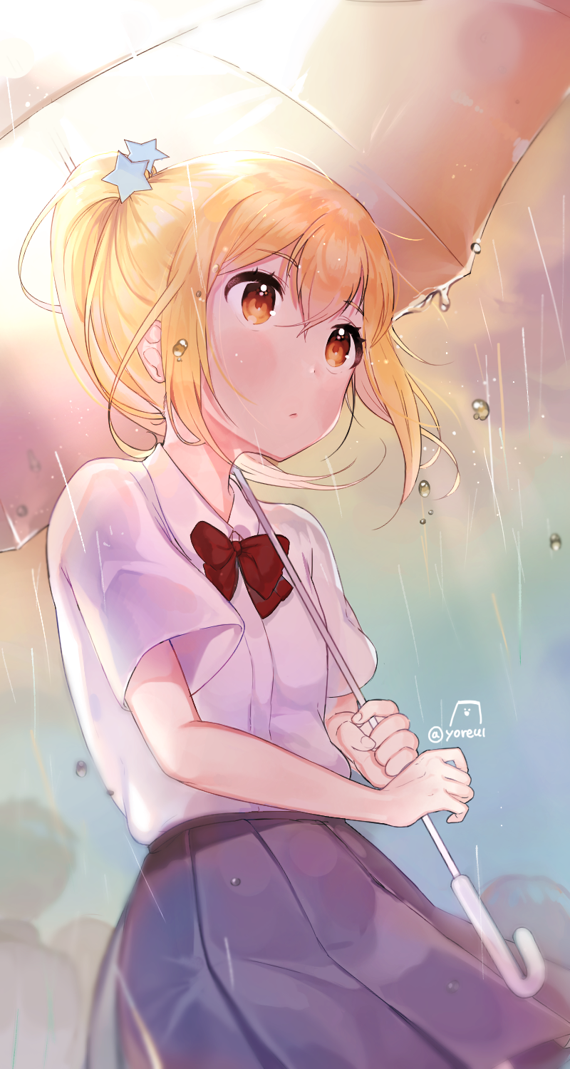 blonde_hair blush dres haikyuu!! highres long_hair ponytail red_eyes yachi_hitoka