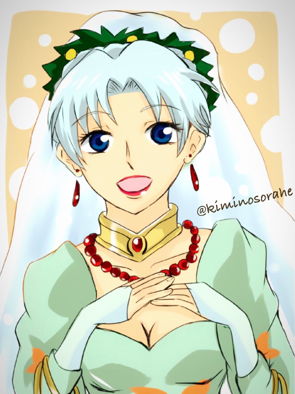 1girl aqua_hair blue_eyes bracelet braid breasts choker cleavage dress earrings grune_(tales) highres jewelry lipstick makeup necklace open_mouth short_hair tales_of_(series) tales_of_legendia veil