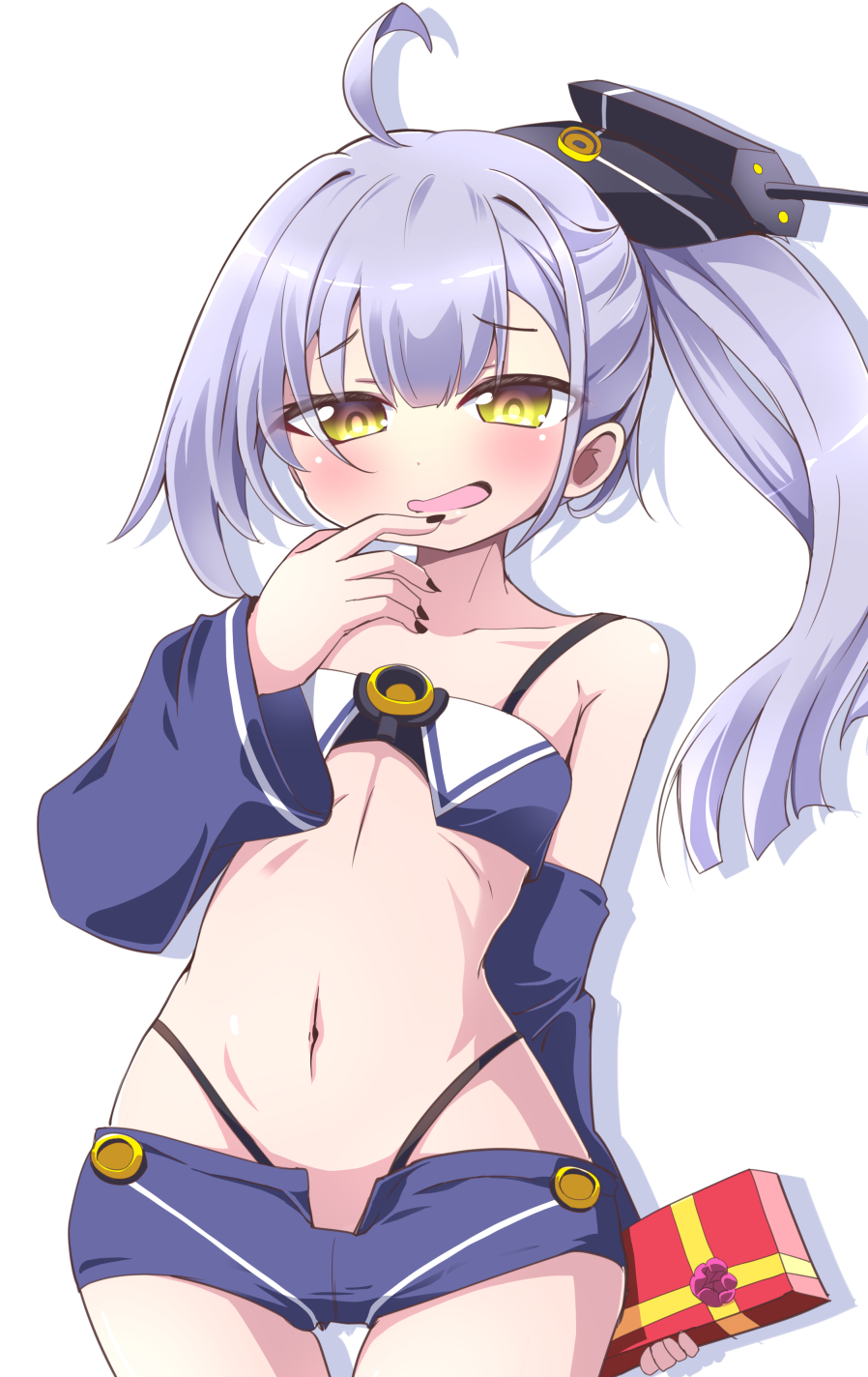 1girl ahoge azur_lane bare_shoulders black_nails black_panties blue_shorts blue_sleeves blush box detached_sleeves flat_chest geo_(yukishitadou) gift gift_box high_ponytail highleg highleg_panties highres holding holding_gift looking_at_viewer medium_hair navel oceana_(azur_lane) open_clothes open_mouth open_shorts panties petite ponytail purple_hair revealing_clothes short_shorts shorts simple_background siren_(azur_lane) smug solo stomach underwear white_background yellow_eyes