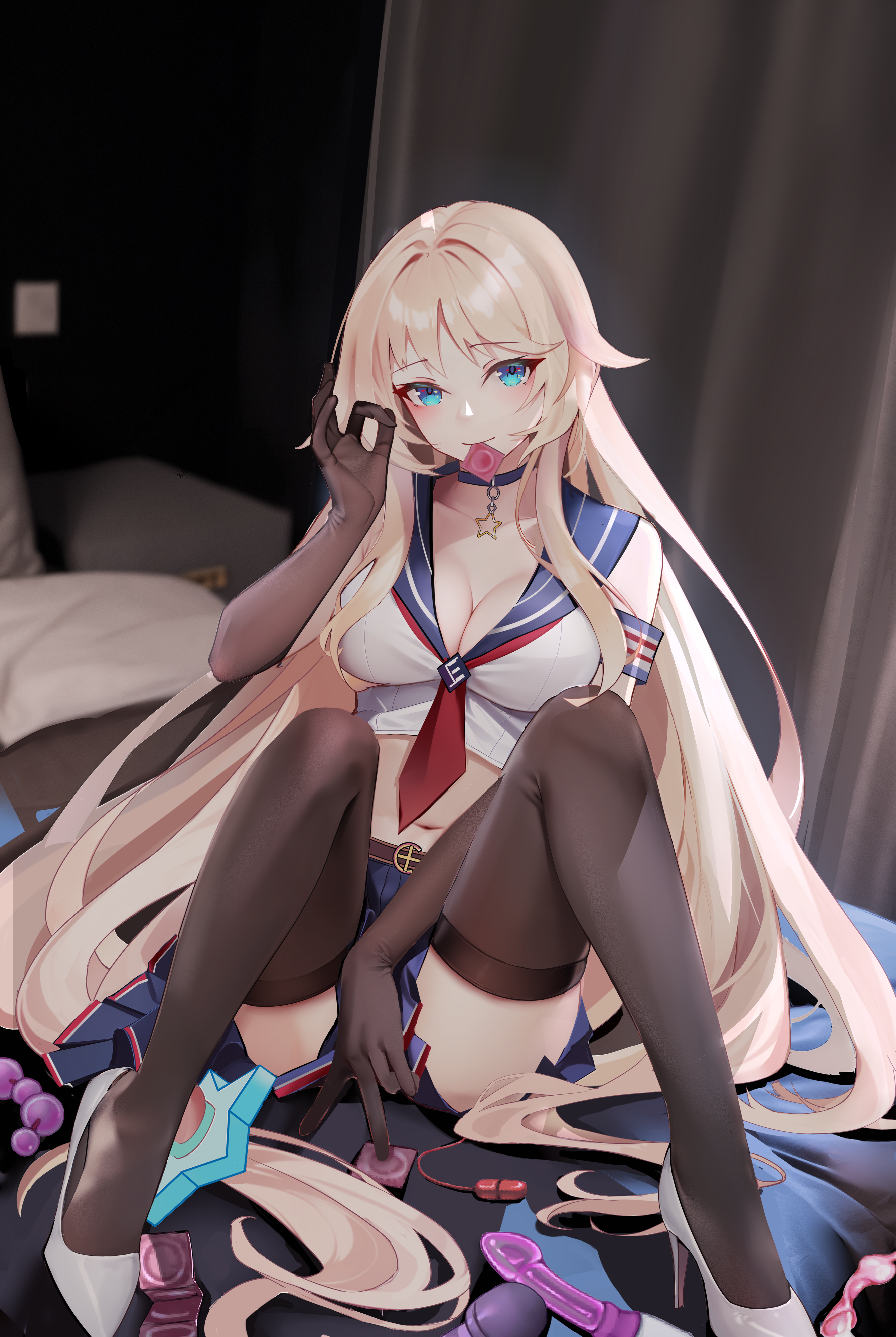 absurdres anal_beads black_pantyhose blonde_hair blue_eyes condom condom_in_mouth dildo egg_vibrator enterprise_(warship_girls_r) high_heels highres long_hair looking_at_viewer mouth_hold on_bed pantyhose sailor_collar sailor_shirt sex_toy shirt skirt uss_enterprise_(cv-6) vibrator warship_girls_r xnnagu