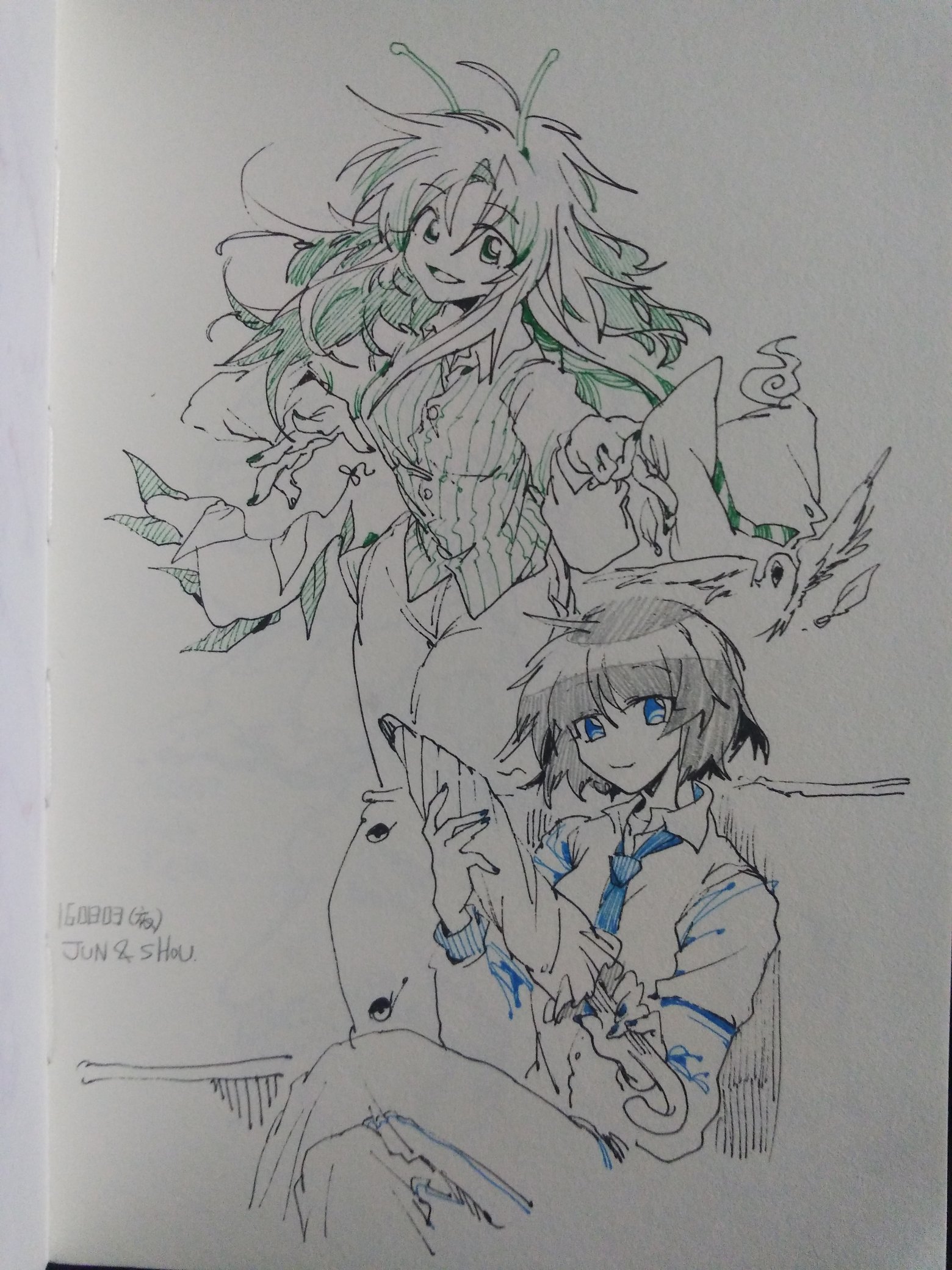 2girls alternate_costume amanomiya_jun amanomori_shou antennae ballpoint_pen_(medium) breasts character_name chinese_commentary closed_mouth closed_umbrella collared_shirt commentary_request eye_of_senri genderswap genderswap_(otf) graphite_(medium) highres holding holding_umbrella len'en ling_s long_hair long_sleeves medium_breasts multiple_girls open_mouth pants pen_(medium) ribbed_vest shirt short_hair sitting sketch smile spot_color traditional_media translation_request umbrella vest