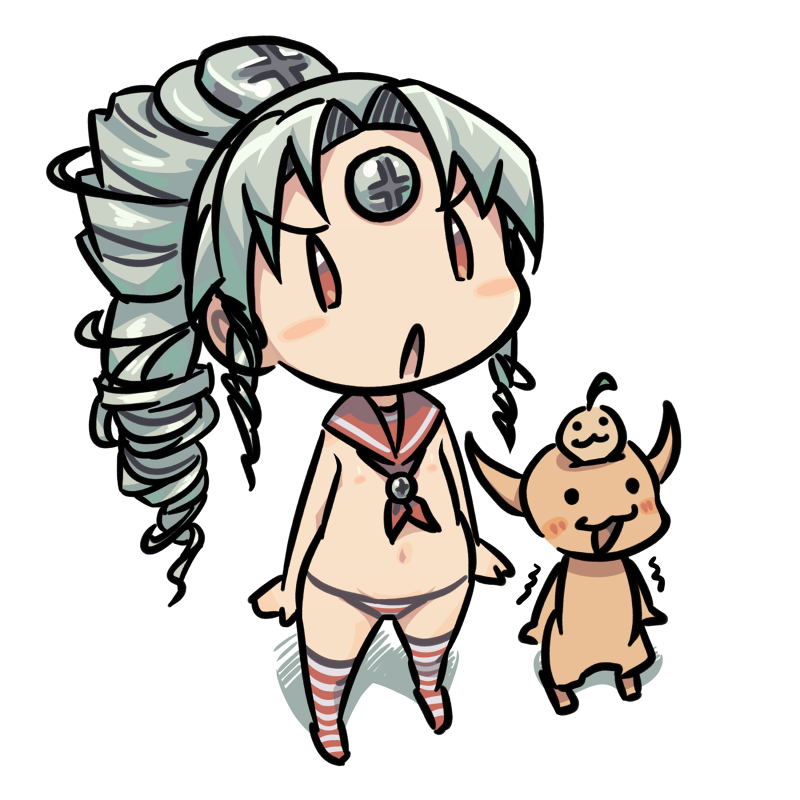 0_0 1girl blush chibi drill_hair female_focus furi long_hair monster os-tan panties solo topless_female underwear vista-tan vistake