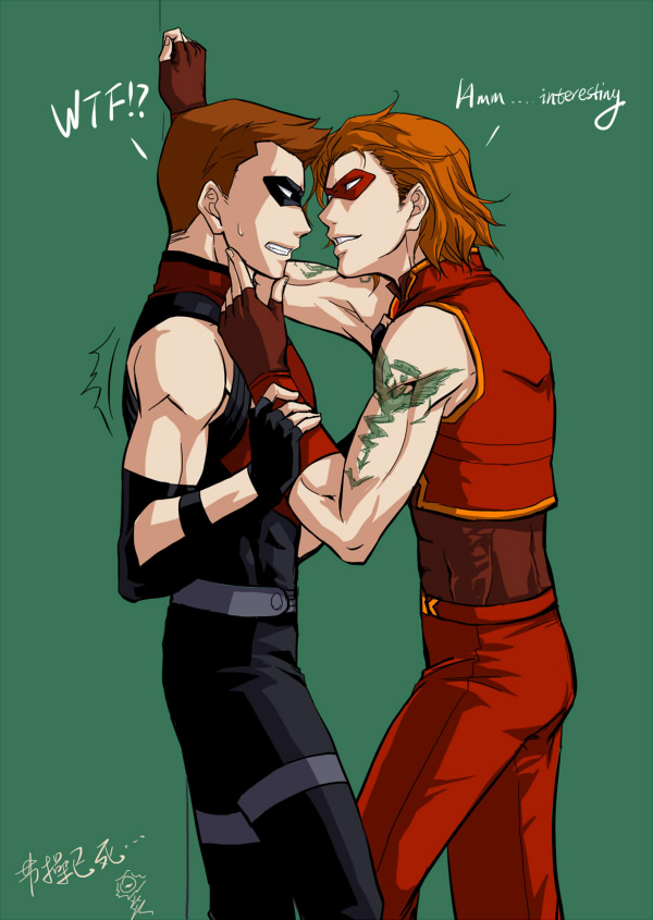 !? 2boys against_wall arsenal_(dc) dc_comics domino_mask dual_persona fingerless_gloves gloves male_focus mask multiple_boys multiple_persona muscular orange_hair red_arrow riyan roy_harper selfcest sleeveless tattoo yaoi young_justice:_invasion
