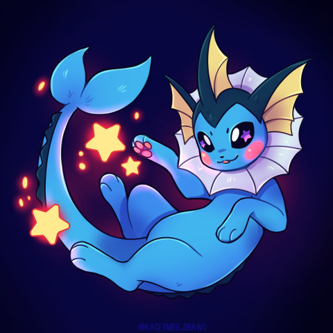animal_focus blue_background blush fin fins gen_1_pokemon kaceymeg nintendo no_humans pokemon pokemon_(creature) purple_eyes simple_background smile solo vaporeon
